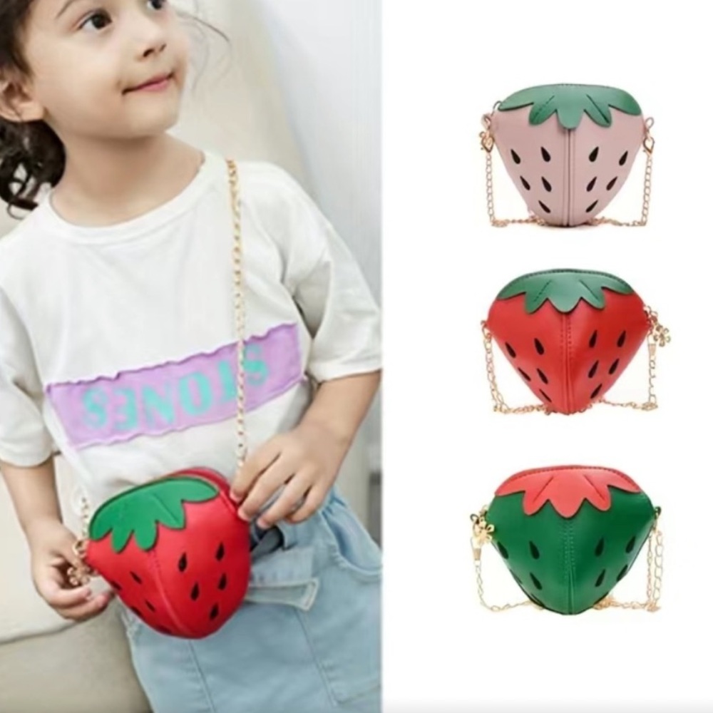 Adorable Green & Red Strawberry Crossbody for Little Girls w/ Gold Chain Strap